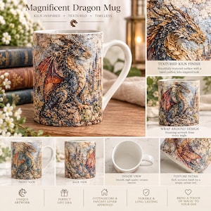 May include: A ceramic mug featuring a textured, wrap-around illustration of a dragon and a castle. The exterior displays a multi-coloured, cracked-stone finish with red and blue dragon wings. The interior is smooth and white, with a curved handle.