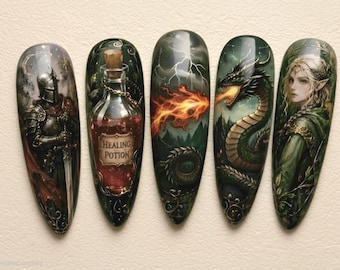 Mittelalterliche Dark Fantasy Magie Presse auf den Nägeln Drache Ritter Elfe Zwergentrank Barbar Kleriker Rollenspiel Gamer Tabletop Nagelset UV gedruckt