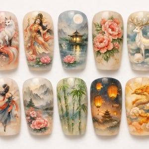 May include: A set of ten press-on nails with various Asian-inspired designs. Each nail features a different miniature painting, including a fox, a woman, a pagoda, flowers, a deer, and landscapes. The nails are beige with a glossy finish.