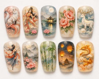 Oriental Ink-Wash Nail Art Set Kranich Drachen Peony Designs | Asiatische Landschaftsnägel | UV-Gedruckter Sammler Nagel Phoenix Lotus Koi Laterne