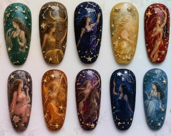 Himmlische Sternzeichen Drücken Sie auf die Nägel | 3D Sterne & Mond Nägel | Astrologie Göttin Nägel | Luxuriöse handgefertigte Cosmic Nail Set, Sternzeichen