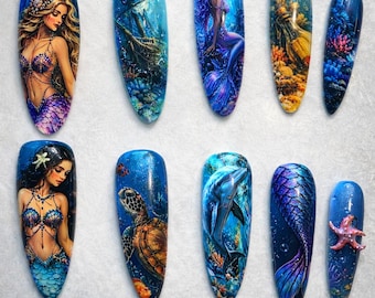 Unterwasser Fantasy Mermaid Nail Art Set Ocean Nails mit Meereskreaturen Dophin Meeresschildkröte Schiffswrack Korallenschmuck mythische