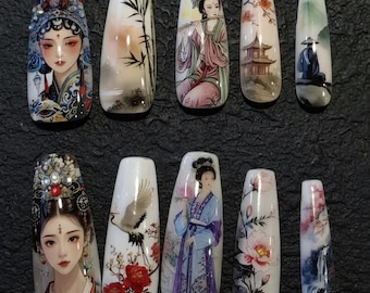Drücken Sie auf die Nägel | Alte chinesische Kunst, Blumenmuster, Kranich-Designs (UV gedruckt)
