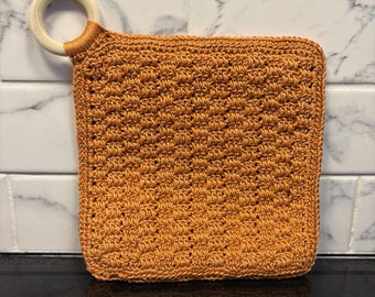 Handmade Crochet Pot Holder with Wooden Ring | Cotton Kitchen Protection
