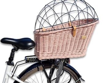 Wicker Dog Bike Basket Carrier with Safety Cage and Cushion. Rear Rack Pet Carrier for Cats and Dogs up to 15kg. Handmade Willow Transporter