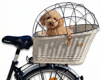 安全ケージとクッション付きの籐製犬用自転車バスケットキャリア。体重15kgまでの猫と犬用のリアラックペットキャリア。手作りの柳製輸送用キャリア