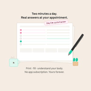 Puede incluir: Un documento de seguimiento de ciclo con el texto Two minutes a day. Real answers at your appointment. Day 8 cycle tracker. Print, fill, understand your body. No app subscription. Yours forever. El documento incluye una lista con puntos de colores y un bolígrafo.
