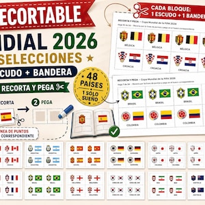 Puede incluir: Una hoja de actividades en PDF imprimible para el Mundial 2026 con 48 escudos y banderas de selecciones nacionales de fútbol. El documento incluye instrucciones para recortar y pegar estos iconos en un álbum, con varias páginas de emblemas.