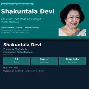 May include: A teal and navy blue educational card set featuring Shakuntala Devi, with the text "The Mind That Made Calculation Instantaneous." The set includes 50 printable cards, an English biography, and is available on Etsy.