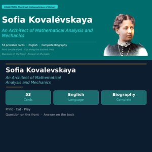 May include: A teal and navy blue educational product advertisement for TotalQuizCards. The product is about Sofia Kovalevskaya, an architect of mathematical analysis and mechanics. The product includes 53 printable cards, a complete biography, and is in English.
