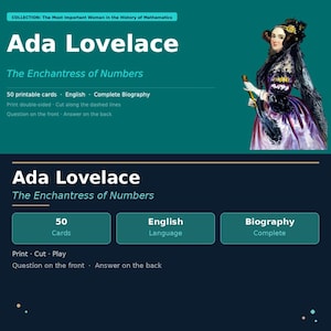 Puede incluir: Un producto educativo en verde azulado y azul marino con Ada Lovelace. El texto incluye "Ada Lovelace" y "The Enchantress of Numbers". Ofrece 50 tarjetas imprimibles, idioma inglés y biografía completa.