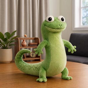 May include: A plush toy shaped like a green lizard with large white eyes and black pupils. The creature has a textured tail, a light green belly, and four limbs with splayed toes. It stands upright on a flat surface with a soft, fuzzy texture.