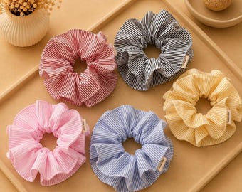 Juego de 5 coleteros de algodón a rayas / Accesorios para el cabello en tonos pastel, sujeción suave