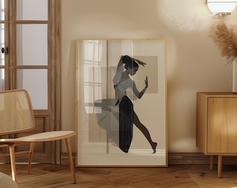 May include: A framed wall art print featuring a stylized illustration of a person dancing. The figure wears a light-colored top and a dark, flowing skirt, depicted with vertical line patterns against a neutral beige background with geometric shapes.