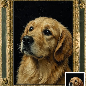 May include: An oil painting of a golden retriever head and shoulders against a solid black background, encased in an ornate, rectangular, antique-style gold and dark green frame with intricate carved detailing along the edges.