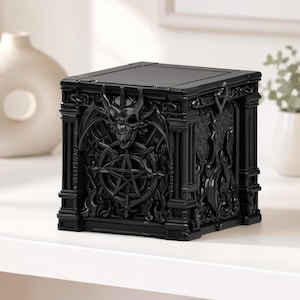 May include: A black, square decorative box with detailed gothic carvings. The box features a skull, pentagram, and other dark imagery. The box is made of a solid material and has a smooth, glossy finish. A unique piece of home decor.