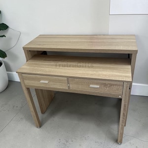 Extendable Computer Desk with Pull Out Secondary Desk - Natural Wood Console Table with 2 Drawers - Small Space Writing Desk for Home Office