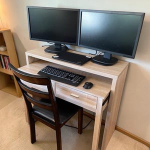 Extendable Computer Desk with Pull Out Secondary Desk - Natural Wood Console Table with 2 Drawers - Small Space Writing Desk for Home Office