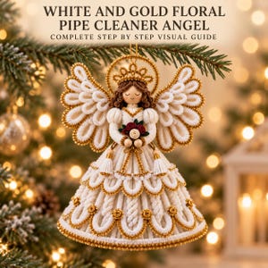 Può includere: Un angelo in scovolino bianco e oro con aureola, capelli castani e un abito a strati di anelli. L'angelo tiene in mano un piccolo bouquet di fiori rossi e bianchi. Il testo recita: WHITE AND GOLD FLORAL PIPE CLEANER ANGEL COMPLETE STEP BY STEP VISUAL GUIDE.