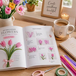 May include: An open instructional book titled DIY Pipe Cleaner Flowers Step-by-Step Tutorial featuring a tulip guide with numbered illustrations, a list of materials, and a pink ribbon graphic, accompanied by pipe cleaners, scissors, and a mug.