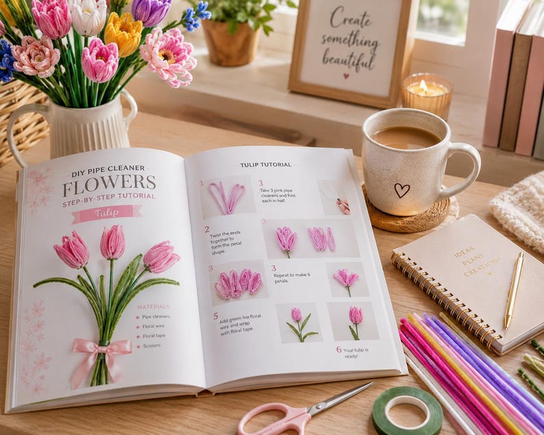 May include: An open instructional book titled DIY Pipe Cleaner Flowers Step-by-Step Tutorial featuring a tulip guide with numbered illustrations, a list of materials, and a pink ribbon graphic, accompanied by pipe cleaners, scissors, and a mug.