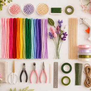 May include: A craft supply kit featuring a rainbow assortment of pipe cleaners, three bowls of beads, a glue gun, wooden skewers, floral tape, wire, pliers, scissors, a metal ruler, ribbon rolls, twine, and artificial flowers for DIY projects.