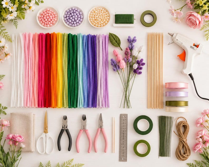 May include: A craft supply kit featuring a rainbow assortment of pipe cleaners, three bowls of beads, a glue gun, wooden skewers, floral tape, wire, pliers, scissors, a metal ruler, ribbon rolls, twine, and artificial flowers for DIY projects.