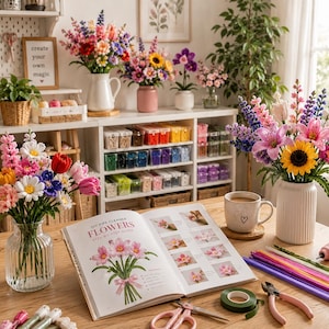 May include: A craft book titled Pipe Cleaner Flowers sits on a wooden table surrounded by bouquets of colorful pipe cleaner flowers in vases, a mug, wire cutters, floral tape, a glue gun, and various colored pipe cleaners for DIY projects.