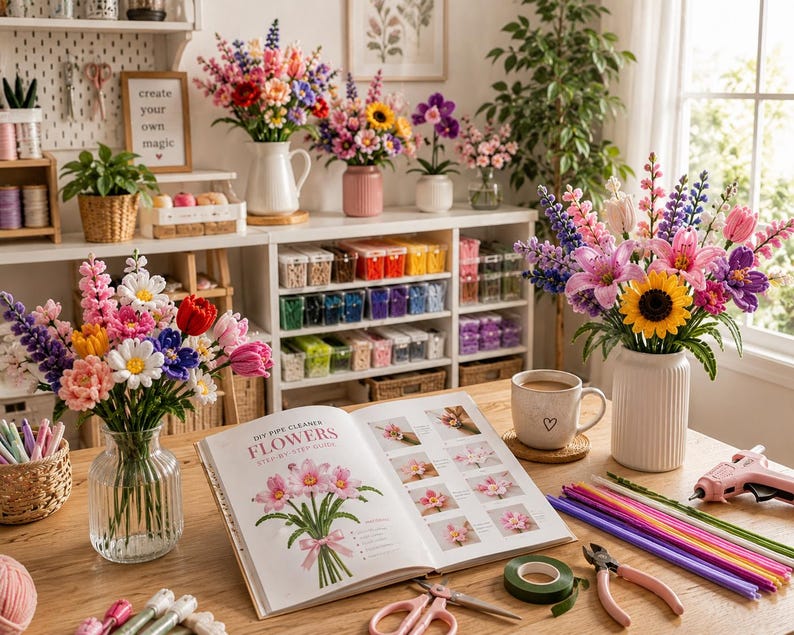 May include: A craft book titled Pipe Cleaner Flowers sits on a wooden table surrounded by bouquets of colorful pipe cleaner flowers in vases, a mug, wire cutters, floral tape, a glue gun, and various colored pipe cleaners for DIY projects.