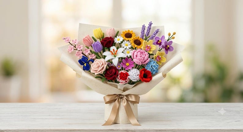 May include: A bouquet of crocheted flowers featuring a variety of blooms including pink and yellow tulips, red roses, white lilies, sunflowers, lavender, and purple orchids, all wrapped in beige paper and tied with a matching satin ribbon bow.