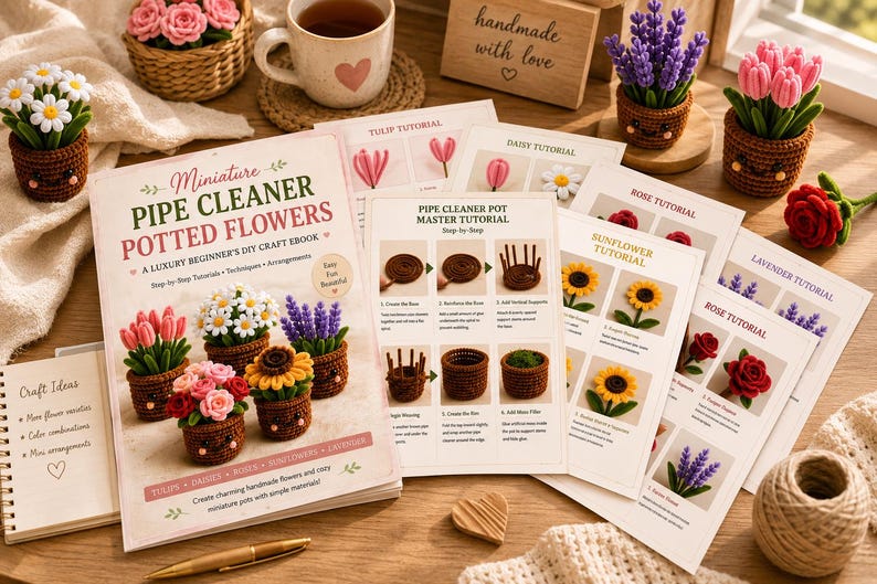 May include: A digital craft ebook titled Miniature Pipe Cleaner Potted Flowers with step-by-step tutorials for creating crocheted-style potted flowers. The set includes multiple instructional sheets for tulips, daisies, roses, sunflowers, and lavender.