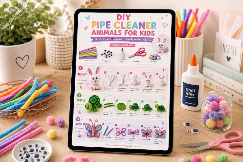 May include: A digital tablet displaying a DIY pipe cleaner animal craft guide for kids. The screen shows instructions for making a bunny, turtle, and butterfly using pipe cleaners, googly eyes, glue, scissors, and pom-poms, with colourful text.