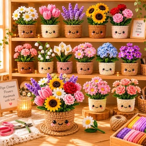 May include: A collection of handmade pipe cleaner flowers in crocheted pots with smiling faces. The display includes various floral arrangements, a sign reading "Pipe Cleaner Flowers Handmade with love," and a box of colorful pipe cleaners.
