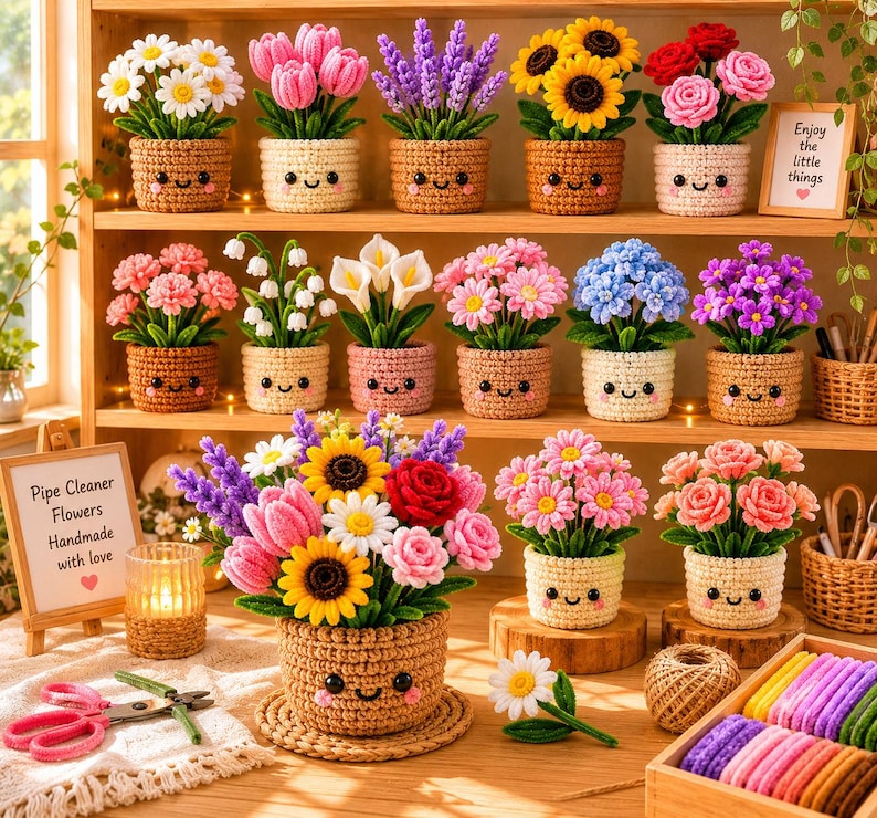 May include: A collection of handmade pipe cleaner flowers in crocheted pots with smiling faces. The display includes various floral arrangements, a sign reading "Pipe Cleaner Flowers Handmade with love," and a box of colorful pipe cleaners.