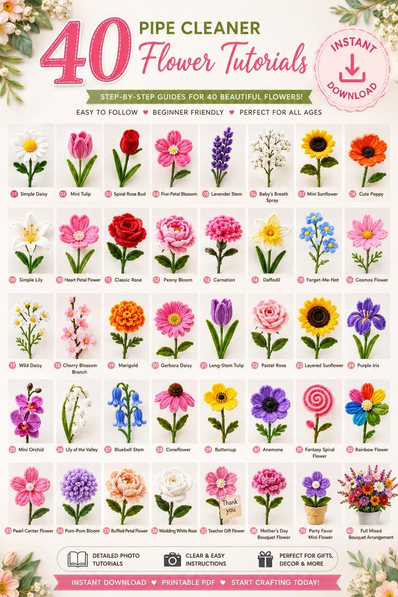 May include: A digital guide titled 40 Pipe Cleaner Flower Tutorials featuring step-by-step instructions for crafting various floral designs. The image displays forty numbered examples of pipe cleaner flowers, including daisies, roses, and tulips.