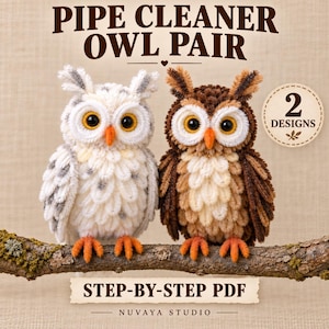 Op de afbeelding: Twee handgemaakte uilenfiguren van pijpenragers, één wit met grijze accenten en één bruin, beide met grote gele ogen en oranje snavels. Tekst: PIPE CLEANER OWL PAIR, 2 DESIGNS, STEP-BY-STEP PDF, NUVAYA STUDIO.