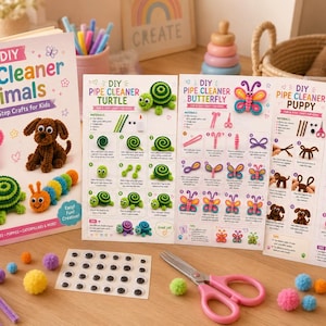 May include: A DIY craft kit featuring a book titled DIY Pipe Cleaner Animals, instructional cards for making a turtle, butterfly, puppy, and caterpillar, colourful pipe cleaners, a sheet of googly eyes, pink scissors, and a bottle of white glue.