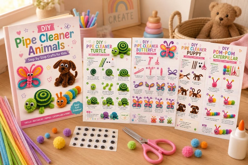 May include: A DIY craft kit featuring a book titled DIY Pipe Cleaner Animals, instructional cards for making a turtle, butterfly, puppy, and caterpillar, colourful pipe cleaners, a sheet of googly eyes, pink scissors, and a bottle of white glue.