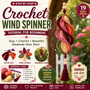May include: A crochet wind spinner tutorial for beginners featuring text that reads Step-by-Step Crochet Wind Spinner Tutorial for Beginners. The image displays a spiral-shaped hanging decoration made of yarn in shades of red, orange, and green.