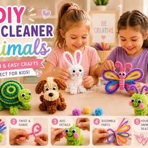 May include: A DIY pipe cleaner craft kit featuring colourful fuzzy stems and pom-poms to create animal figures. The image displays a turtle, a dog, a rabbit, a butterfly, and a caterpillar, with instructional text and steps for assembly.