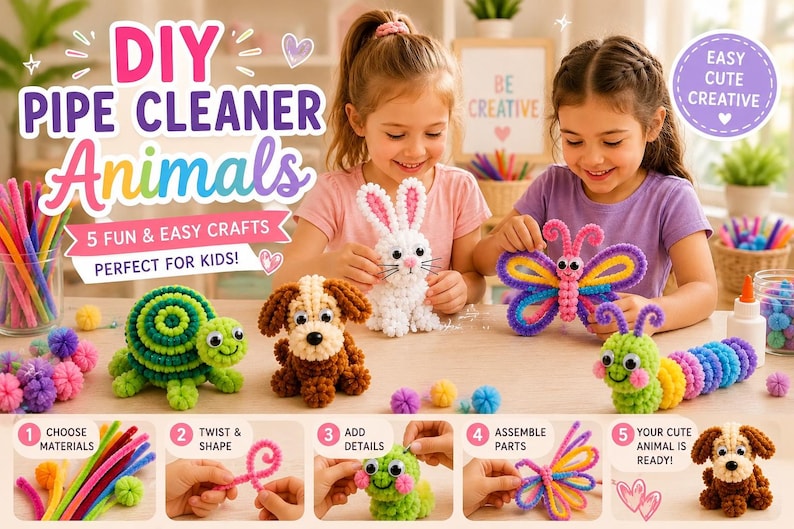 May include: A DIY pipe cleaner craft kit featuring colourful fuzzy stems and pom-poms to create animal figures. The image displays a turtle, a dog, a rabbit, a butterfly, and a caterpillar, with instructional text and steps for assembly.