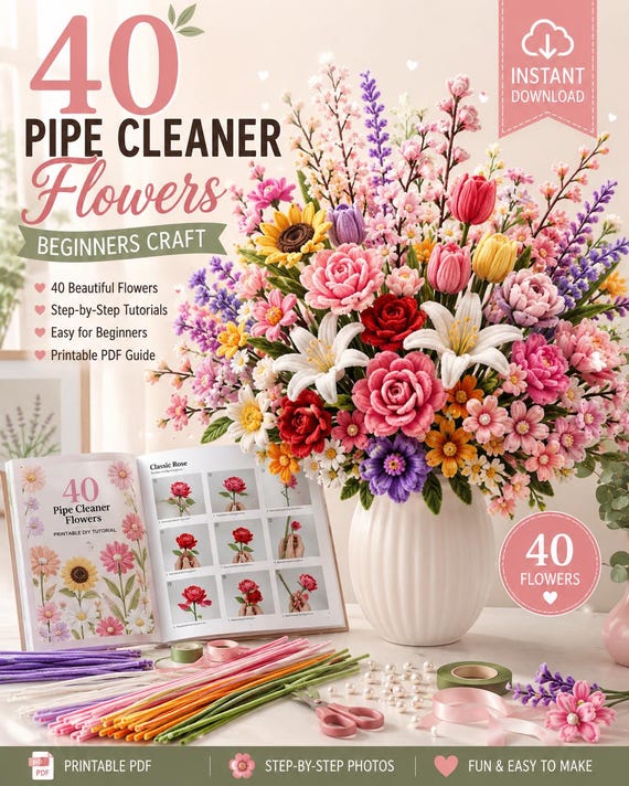 40 Pipe Cleaner Flower Tutorials | Beginner Craft Guide | Bouquet Patterns | Instant Download
