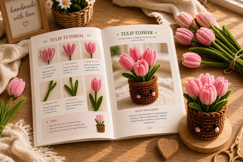 May include: An open instructional book titled Tulip Tutorial and Tulip Flower, featuring step-by-step diagrams for crafting pink pipe cleaner tulips. Beside the book sits a brown crocheted pot containing pink pipe cleaner tulips with a face.