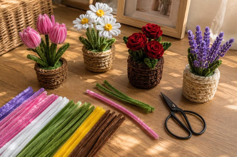 May include: Four potted flower arrangements made from pipe cleaners, including pink tulips, white daisies, red roses, and purple lavender. Beside them are loose colorful pipe cleaners in purple, white, pink, green, yellow, and brown, and black scissors.
