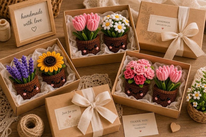 May include: Several gift boxes containing crocheted potted flowers with smiling faces. The flowers include pink tulips, white daisies, yellow sunflowers, purple lavender, and pink roses. Each box features white tissue paper, and some include labels with text like handmade with love, Just for you, and THANK YOU.
