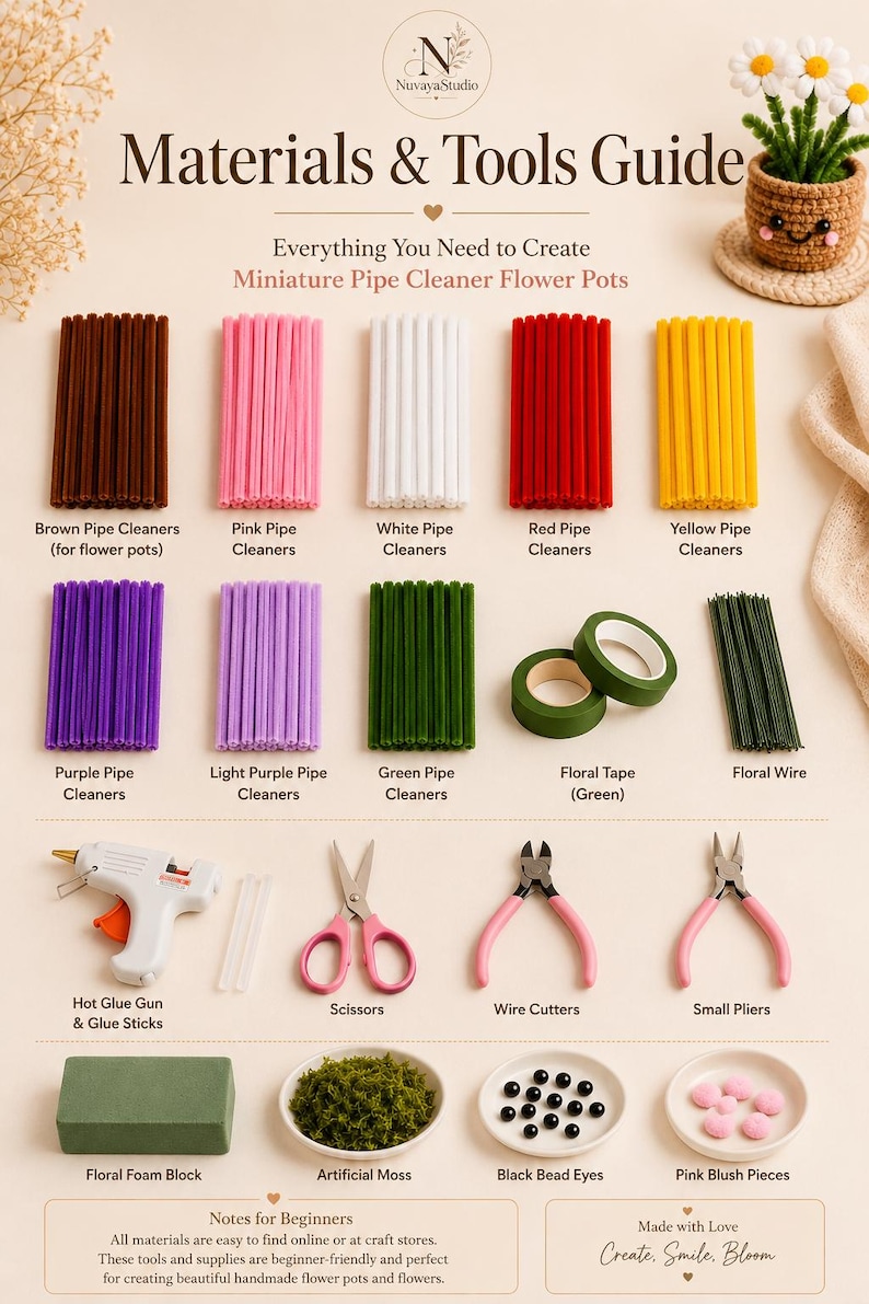 May include: A materials and tools guide for miniature pipe cleaner flower pots featuring brown, pink, white, red, yellow, purple, light purple, and green pipe cleaners, floral tape, floral wire, a hot glue gun, scissors, pliers, foam, and beads.