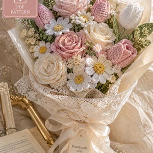 Paquete de patrones PDF para ramos de flores a crochet / Rosa, tulipán, margarita y hoja (hazlo tú mismo)
