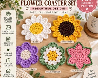 Crochet Flower Coaster Pattern PDF, 5 Beginner Designs.