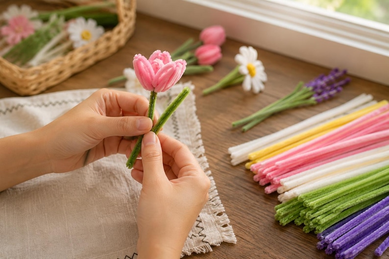 May include: A pink pipe cleaner tulip flower with a green stem, surrounded by various pipe cleaner flowers including daisies and lavender, and bundles of colorful pipe cleaner sticks in white, yellow, pink, green, and purple hues.