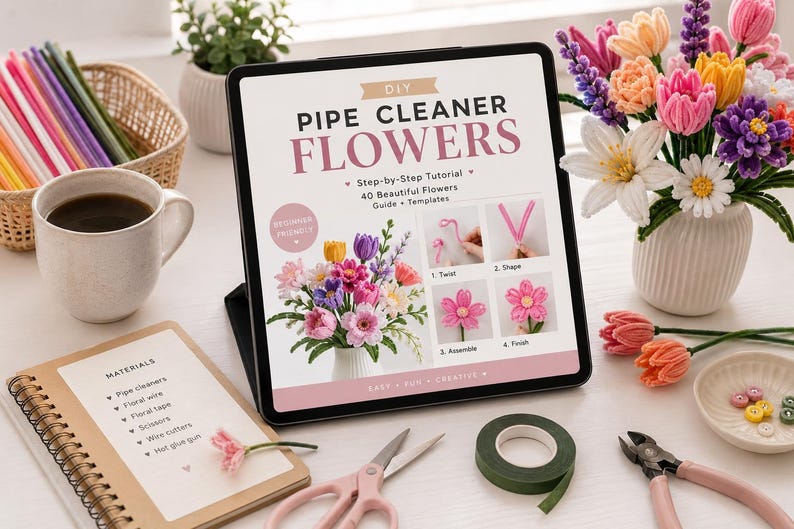 May include: A digital tablet displaying a DIY pipe cleaner flowers tutorial with step-by-step instructions, 40 flower designs, and templates. The screen shows images of twisting, shaping, assembling, and finishing flowers alongside a bouquet illustration.